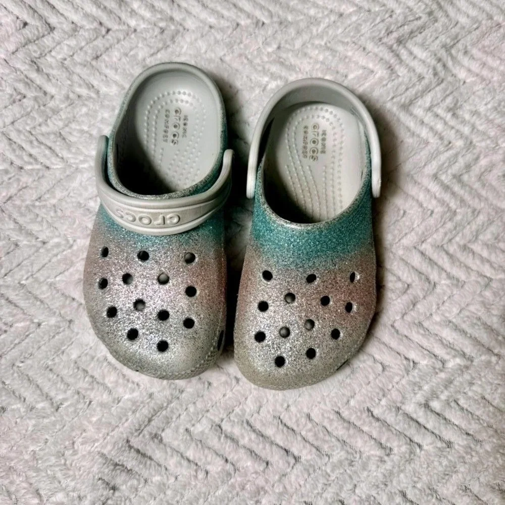 Glitter gray and blue crocs size child 11
